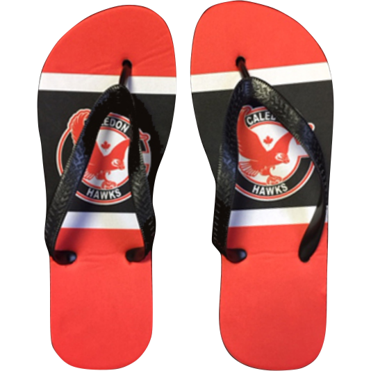 Pair of red-and-black flip-flops with a Caledon Hawks logo