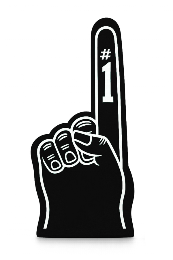 Raised index finger with “#1” on it