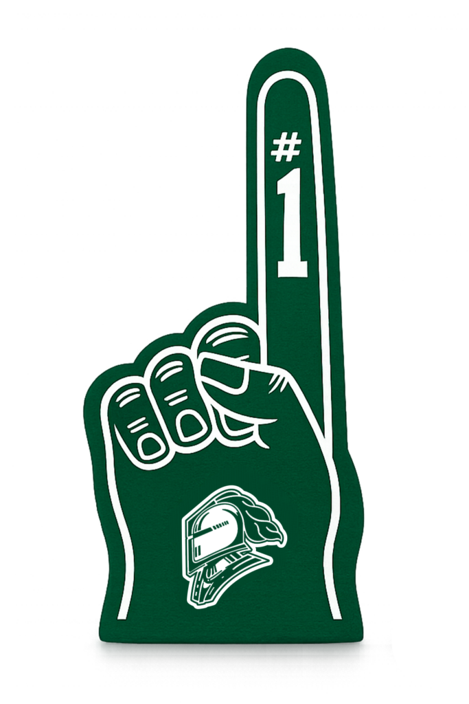 Green foam finger with #1 on it and a hockey logo near the wrist
