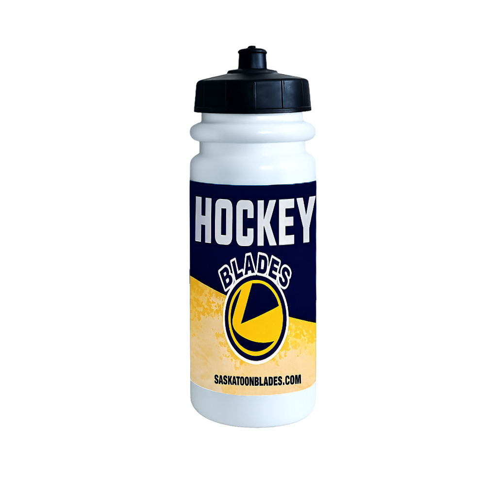 Saskatoon Blades hockey water bottle with team logo and website