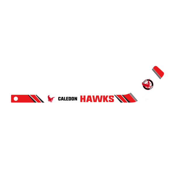 Caledon Hawks hockey team banner with red and black stripes and team logo