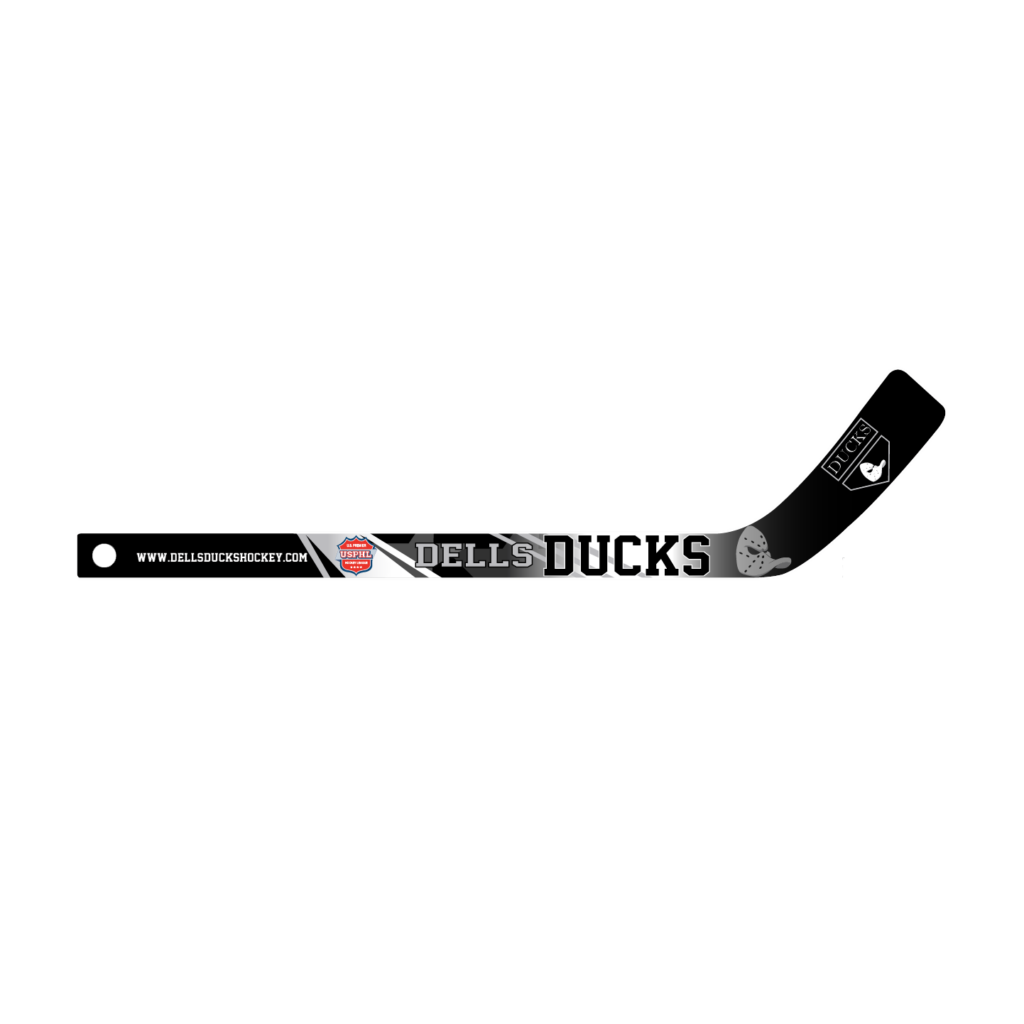 Hockey stick graphic with Dells Ducks branding and website URL