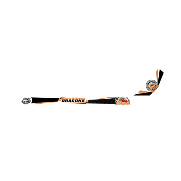 Drumheller Dragons hockey stick graphic with team logos and black, orange, and white accents