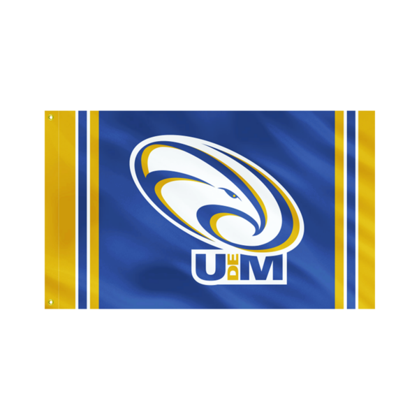 UM de M logo on a blue and gold flag