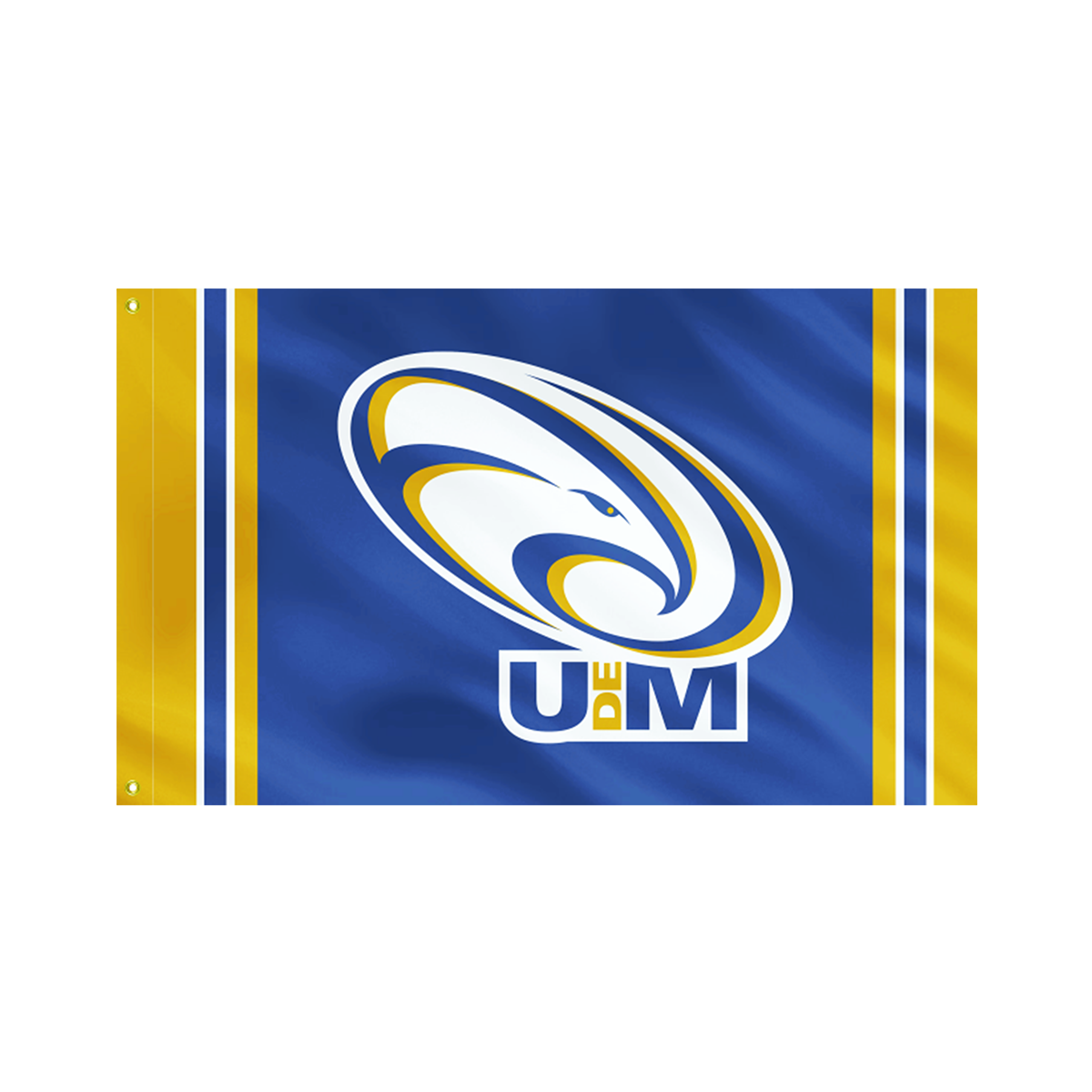 UM de M logo on a blue and gold flag