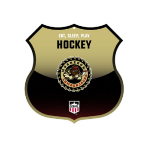 Hockey shield sign with “Eat, Sleep, Play Hockey” and the Muskegon Lumberjacks emblem