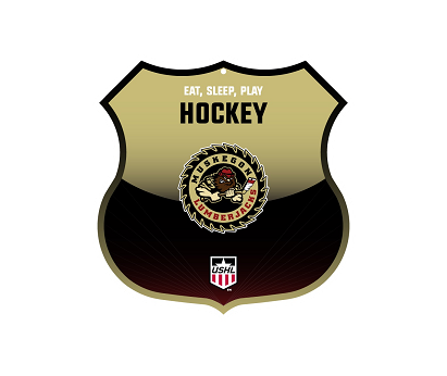 Hockey shield sign with “Eat, Sleep, Play Hockey” and the Muskegon Lumberjacks emblem