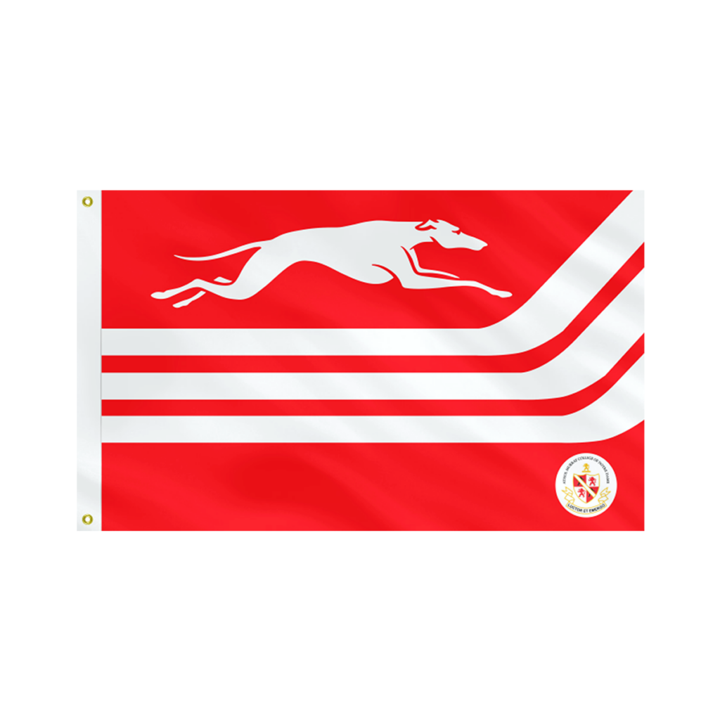 Red flag with a white greyhound and white stripes, with a college crest in the lower right