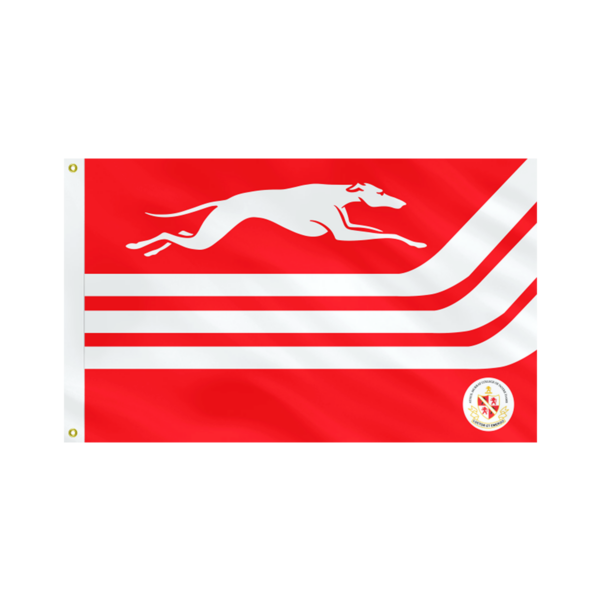 Red flag with a white greyhound and white stripes, with a college crest in the lower right
