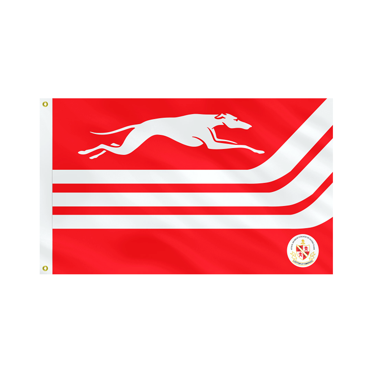 Red flag with a white greyhound and white stripes, with a college crest in the lower right