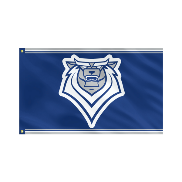 Blue flag with a white bear head logo