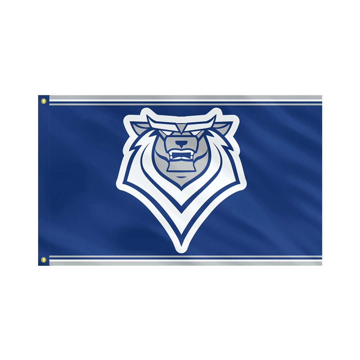 Blue flag with a white bear head logo