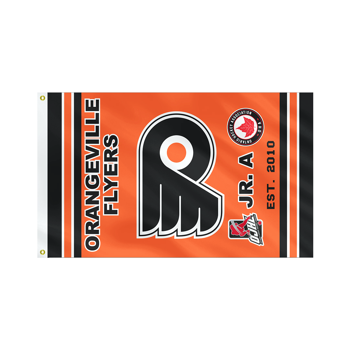 Orangeville Flyers Jr. A flag with team logo and Ontario Hockey Association emblem