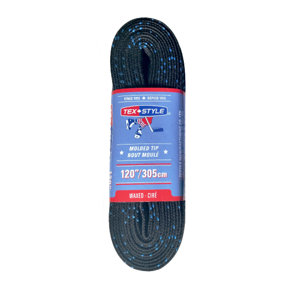 Black and blue waxed laces on a retail package, 120 in / 305 cm