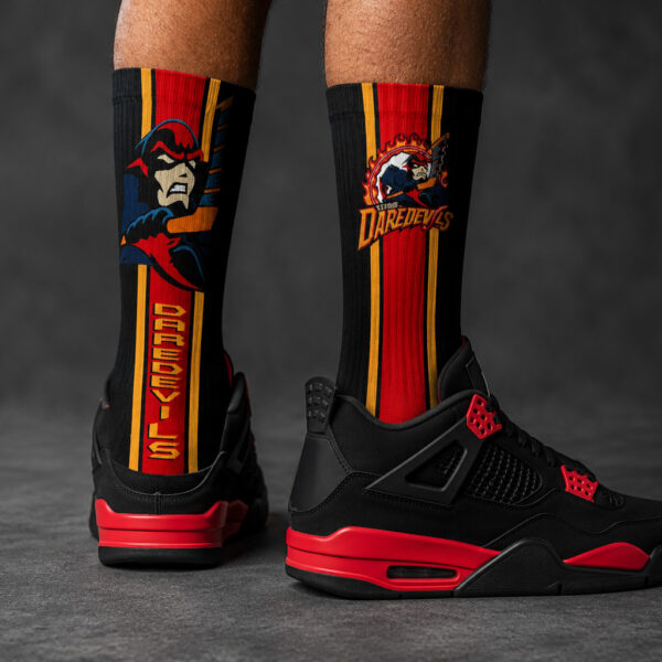 Daredevils socks with black and red sneakers