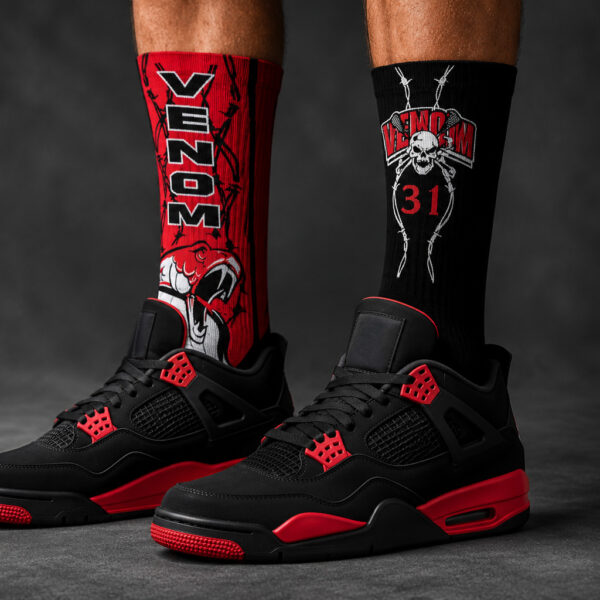 Black and red high-top sneakers with matching graphic socks