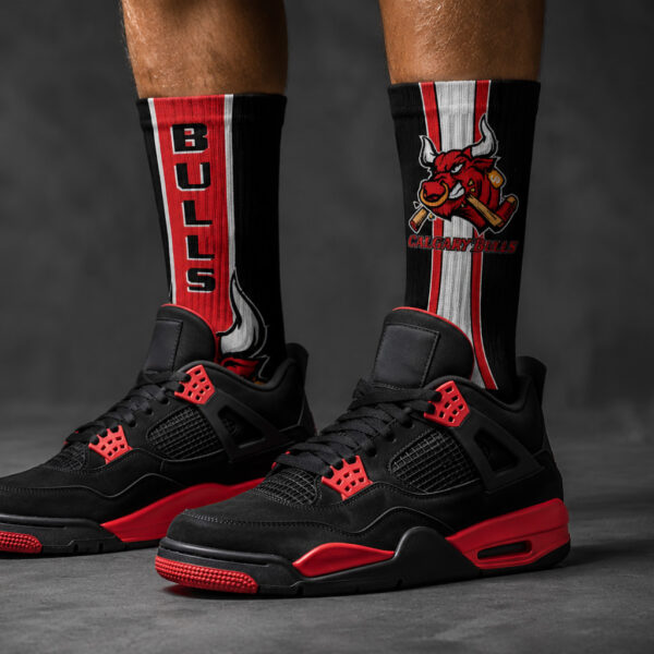 Black and red Calgary Bulls socks with black sneakers