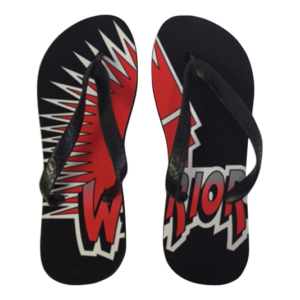 Pair of black flip-flops with red and white Moose Jaw Warriors graphic design