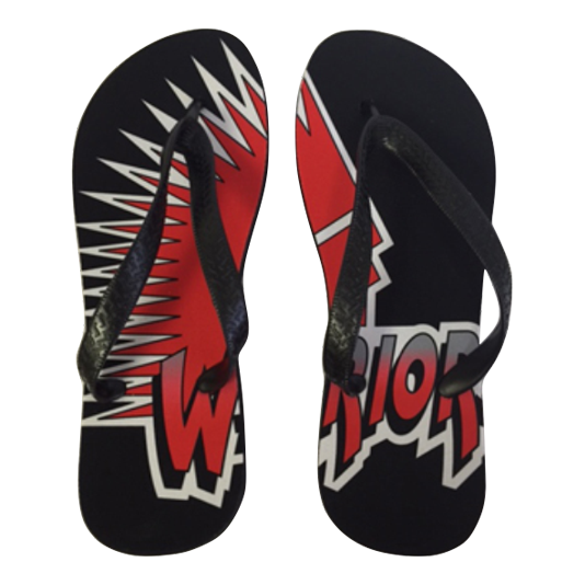 Pair of black flip-flops with red and white Moose Jaw Warriors graphic design