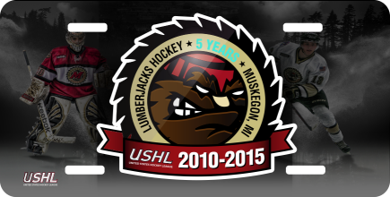 Licence plate Lumberjacks Hockey Muskegon USHL 2010–2015 logo with two hockey players in the background