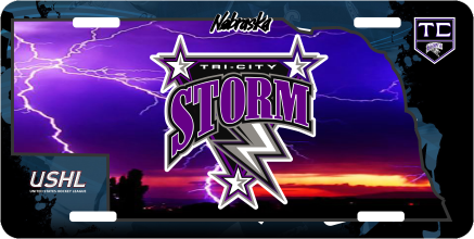 Licence plate Tri-City Storm logo over a lightning-filled sunset background