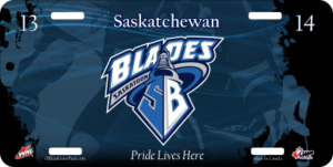 Licence plate Saskatoon Blades logo with the slogan “Pride Lives Here” and page numbers 13 and 14