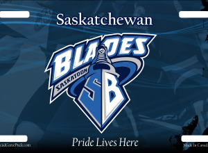 Licence plate Saskatoon Blades logo with the slogan “Pride Lives Here” and page numbers 13 and 14