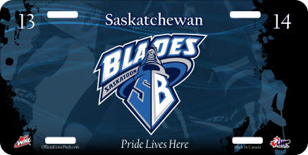 Licence plate Saskatoon Blades logo with the slogan “Pride Lives Here” and page numbers 13 and 14