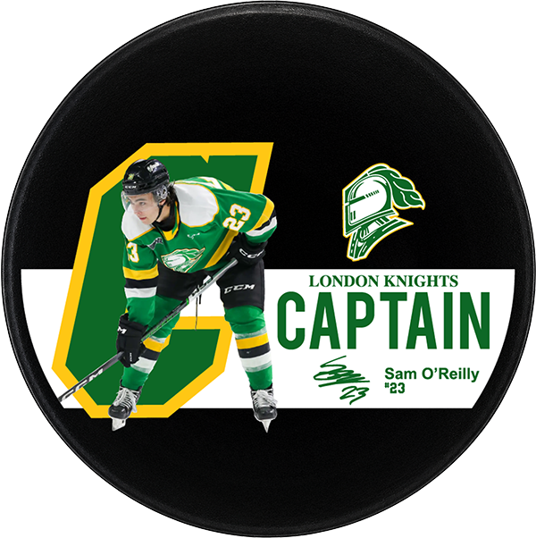 London Knights captain Sam O’Reilly #23 custom official hockey puck graphic