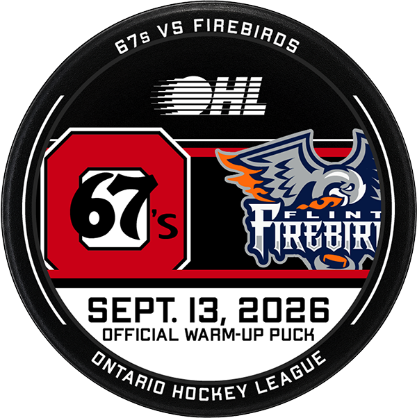 67’s vs Firebirds official warm-up puck, Sept. 13, 2026 custom official game puck