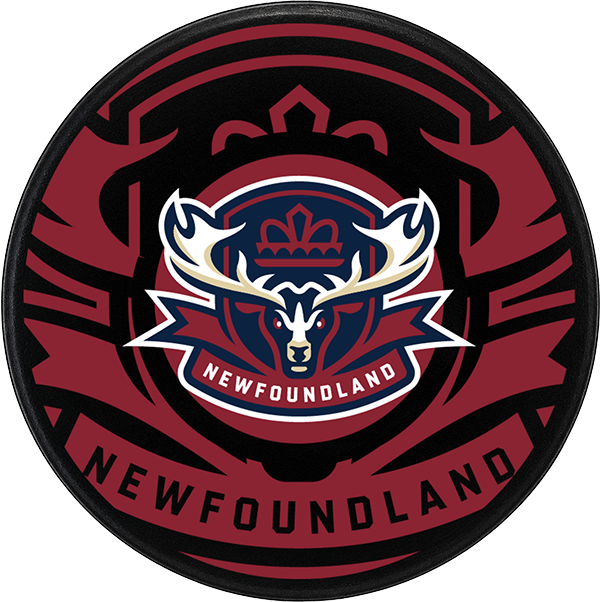 Newfoundland logo with a stag head emblem on a custom official game puck