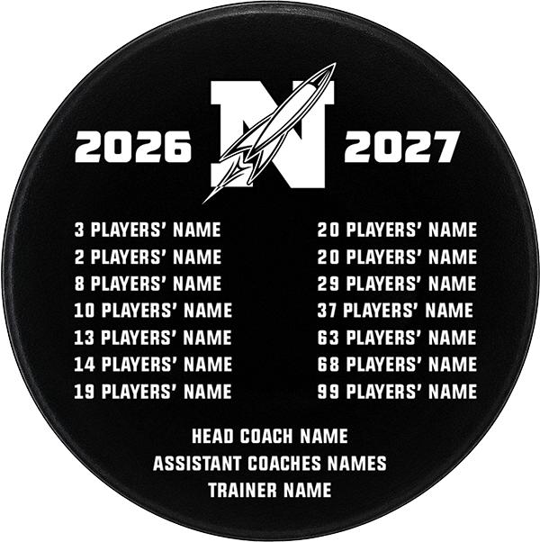 2026 and 2027 team roster plaque with players’ names, head coach, assistant coaches and trainer names on an custom official game puck