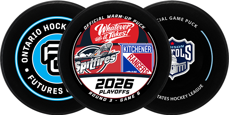 Three hockey pucks showing Ontario Hockey Futures and 2026 playoffs branding, including Windsor Spitfires vs. Kitchener Rangers and Owen Sound Attack logos