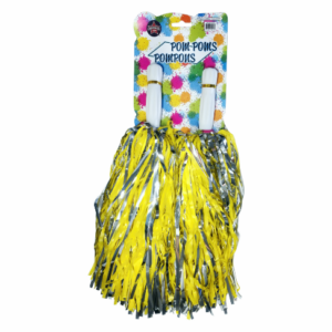 Yellow and silver pom-poms on handles
